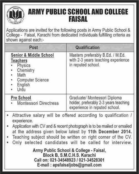 Army Public School and College Faisal Karachi Jobs 2014 December Teachers & Montessori Directress