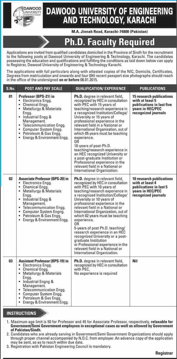 Dawood University of Engineering and Technology Karachi Jobs 2014 December Teaching Faculty