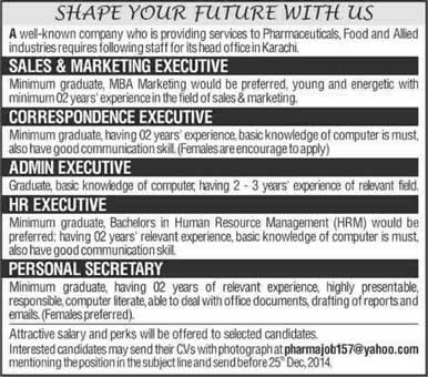 Sales / Marketing / Admin Executives & Personal Secretary Jobs in Karachi 2014 December