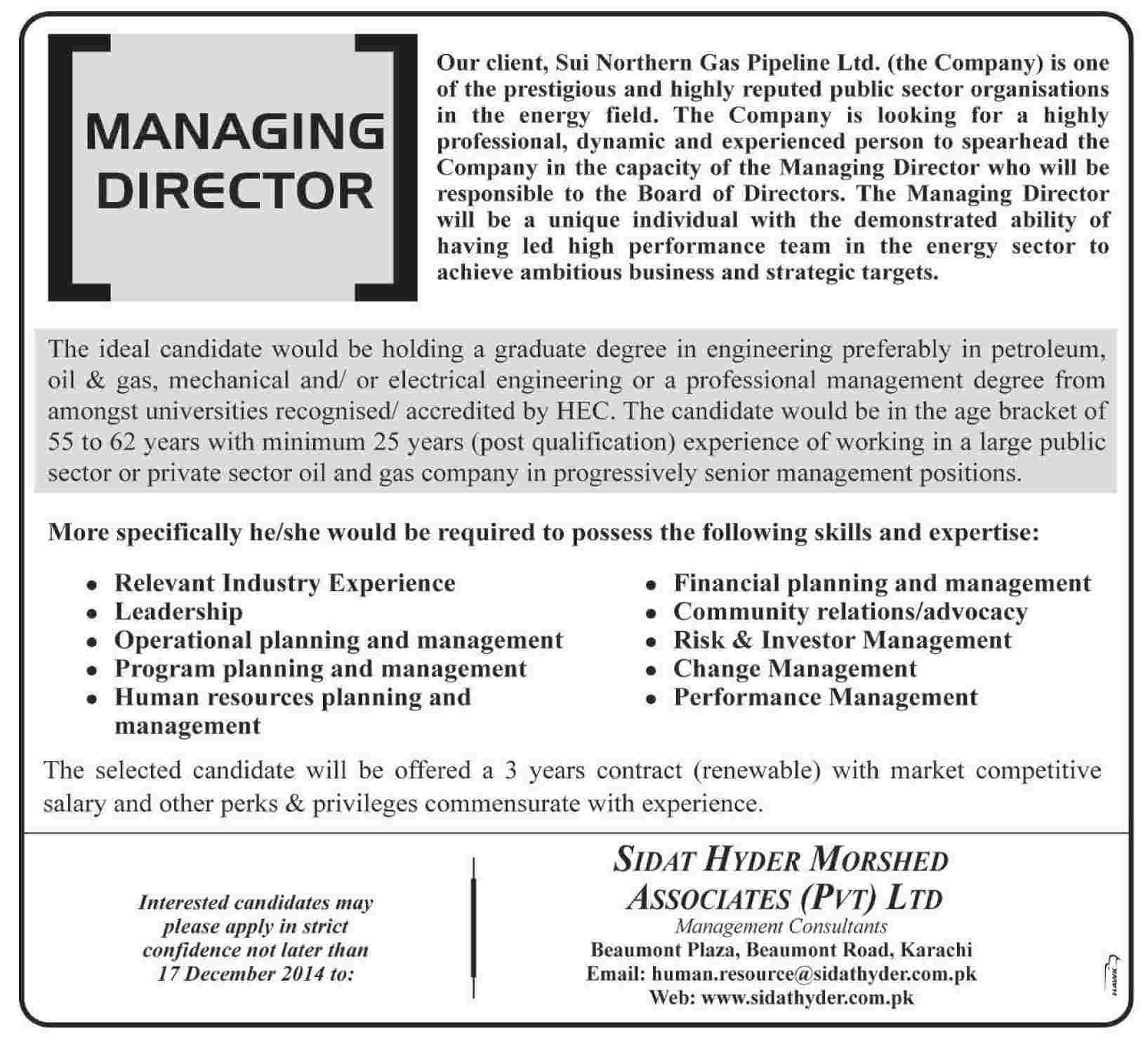 Managing Director Jobs in Sui Northern Gas Pipeline Ltd 2014 December SNGPL