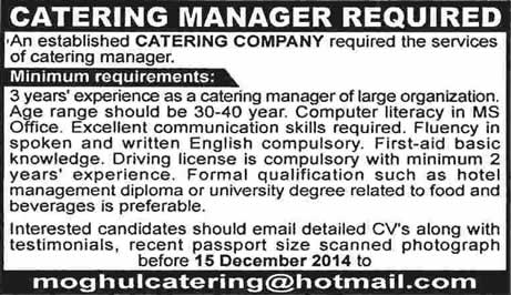 Catering Manager Jobs in Pakistan 2014 December Moghul Catering