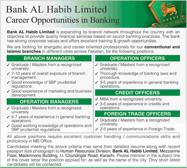 Bank Al Habib Limited Jobs 2014 December Managers / Officers Latest