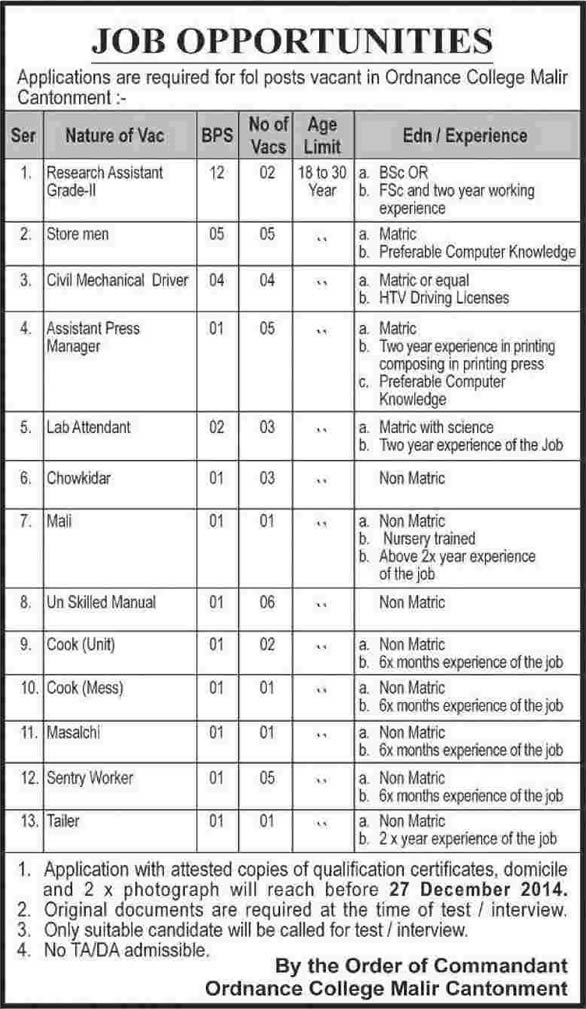 Ordnance College Malir Cantt Karachi Jobs 2014 December Latest Advertisement