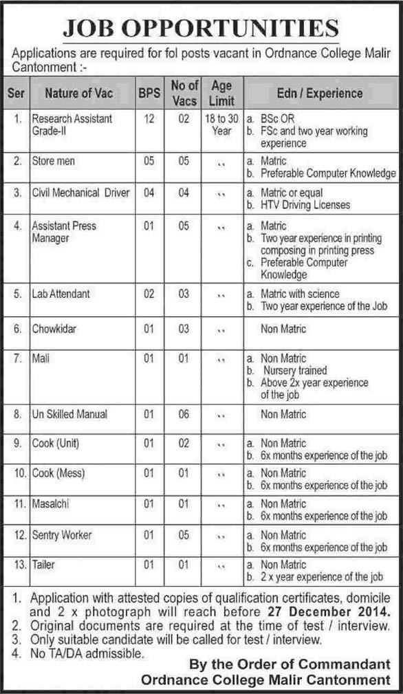 Ordnance College Malir Cantt Karachi Jobs 2014 December Latest Advertisement