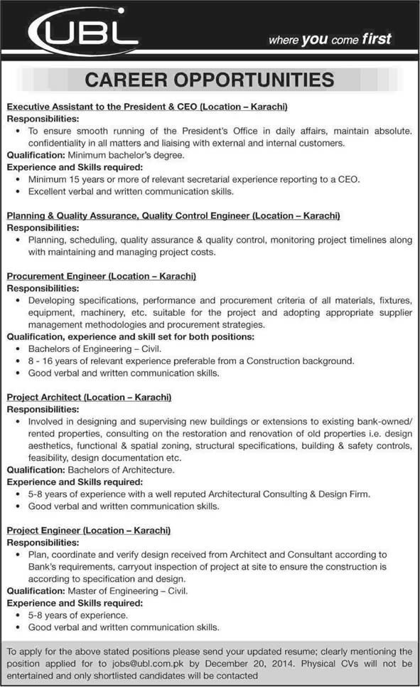 United Bank Limited Karachi Jobs 2014 December UBL Latest Advertisement