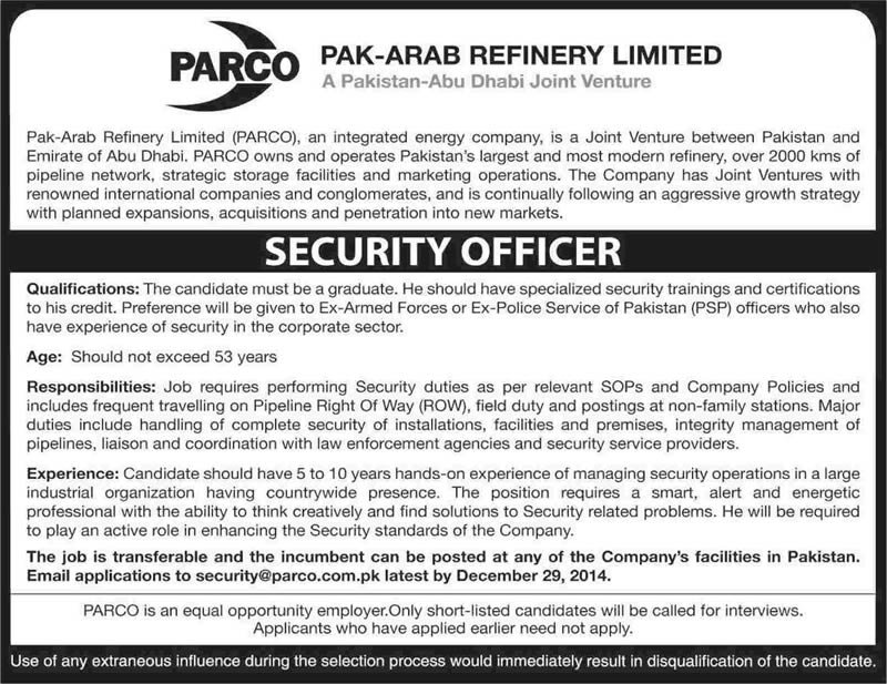 Security Officer Jobs in PARCO Pakistan 2014 December Pak-Arab Refinery Limited