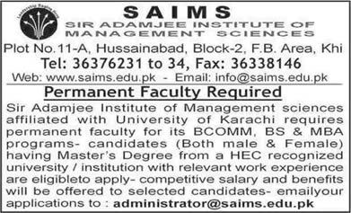 Sir Adamjee Institute of Management Sciences Karachi Jobs 2014 December Teaching Faculty at SAIMS