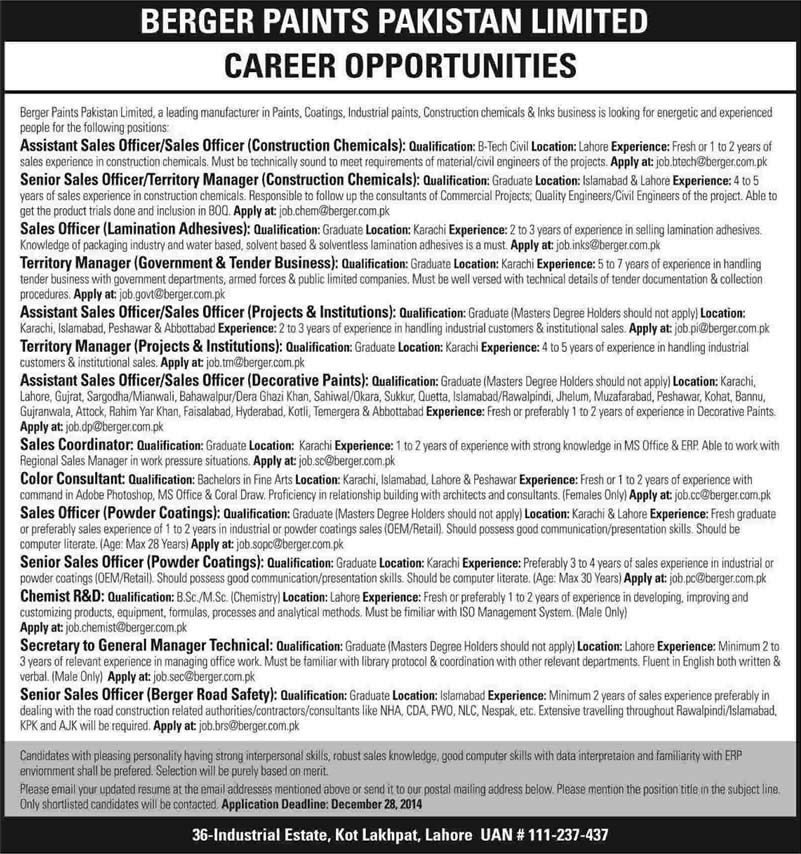 Berger Paints Jobs 2014 Pakistan Sales Staff, Chemist, Color Consultant & Secretary