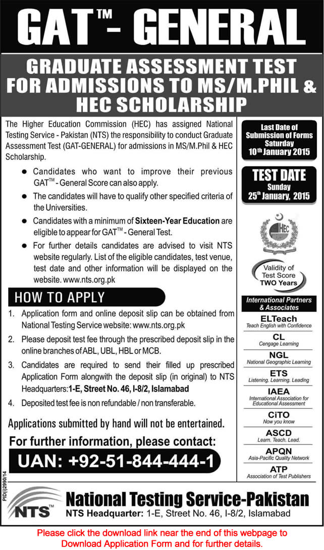 NTS GAT General Registration Form December 2014 HEC Scholarships & MS/M.Phil Admissions