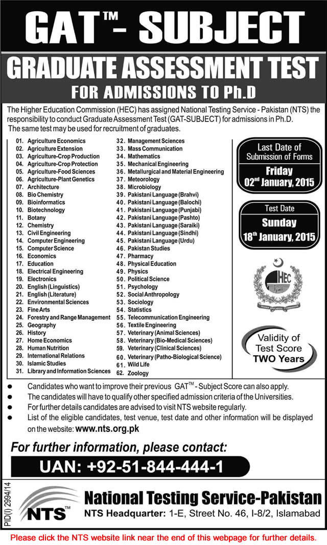 NTS GAT Subject Schedule 2015 Online Application Form Ph.D. Admissions & Recruitment of Graduates