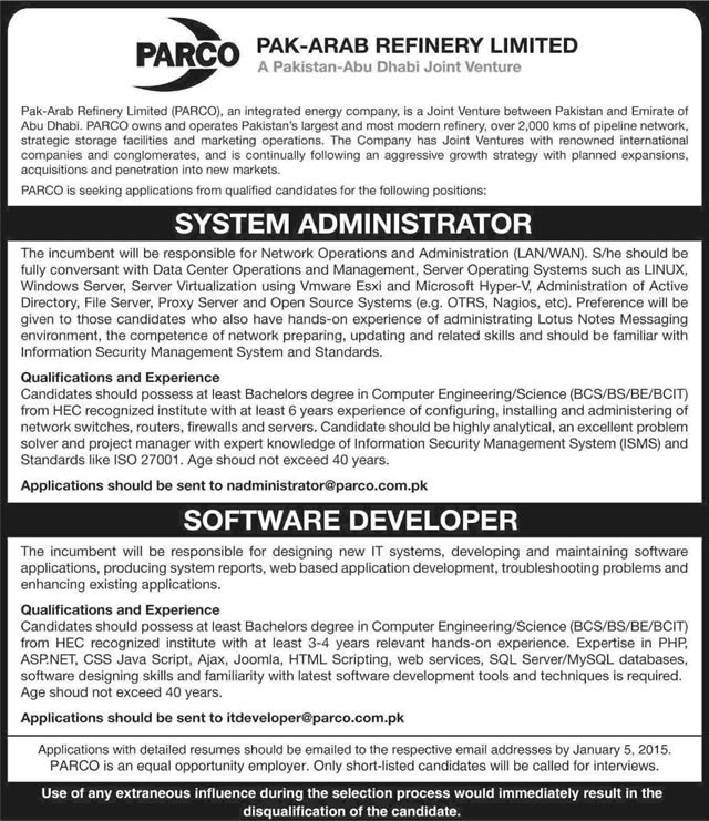 PARCO Jobs December 2014 2015 January System Administrator & Software Developer