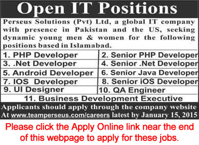 Perseus Solutions Islamabad Jobs 2014 December 2015 January for Software Engineers & Business Development Executive