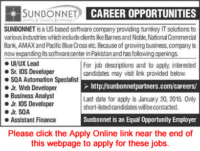 Sunbonnet Technology Karachi Jobs 2014 2015 January Apply Online Software Engineers & Admin Staff