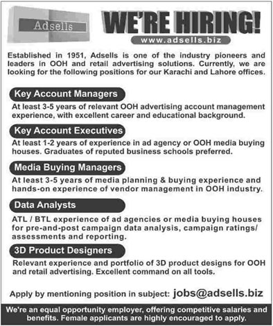 Adsells Jobs 2014 December Karachi / Lahore Key Account Managers / Executives, Data Analysts & Staff
