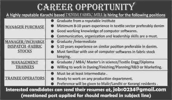 Denim Fabric Mill Karachi Jobs December 2014 / January 2015 Managers & Trainees