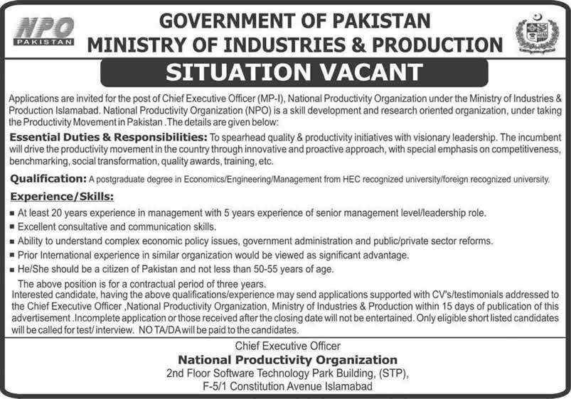 Chief Executive Officer National Productivity Organization Jobs December 2014 2015