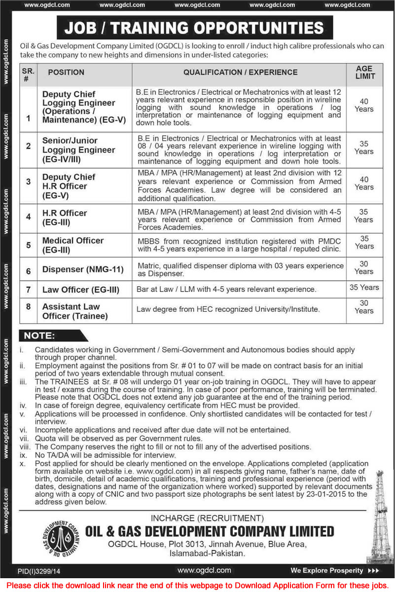 OGDCL Jobs 2015 Application Form for Engineers, Medical / HR Officers, Law Trainees & Others