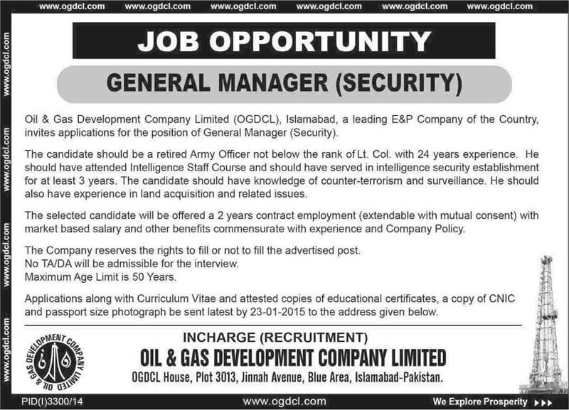 General Manager Security Jobs in OGDCL Islamabad 2015 Latest / New Advertisement