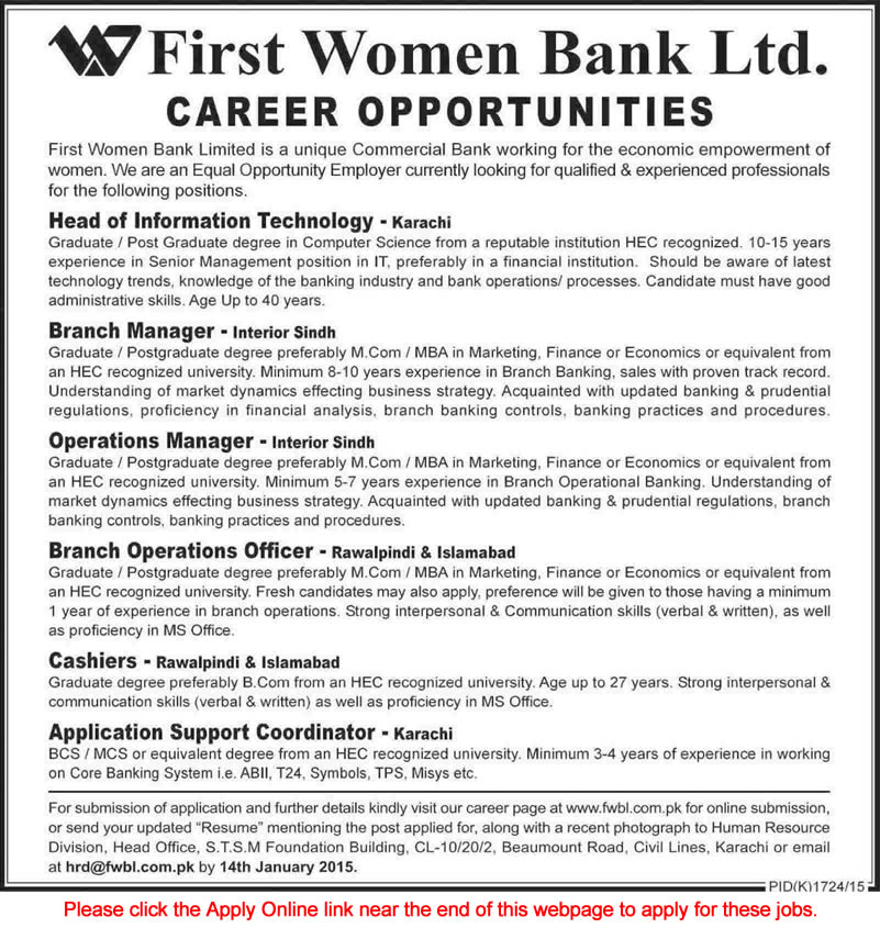 First Women Bank Limited Pakistan Jobs 2015 Apply Online FWBL Latest Advertisement