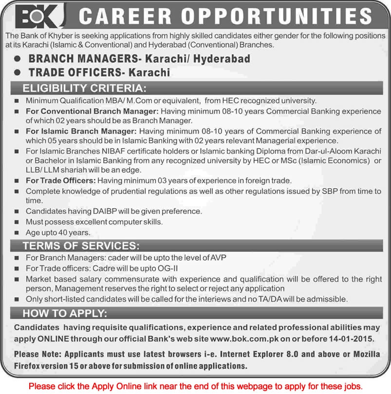 Bank of Khyber Karachi / Hyderabad Jobs 2015 Branch Manager & Trade Officer Apply Online
