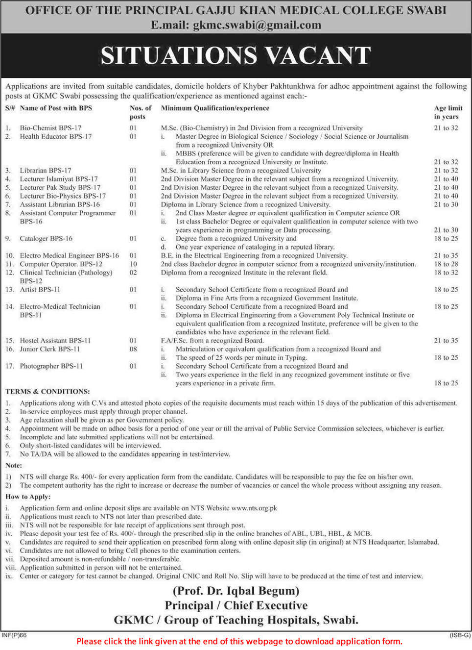 Gaju Khan Medical College Jobs 2015 NTS Application Form Download Latest