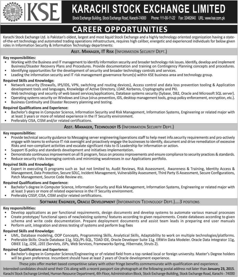 Karachi Stock Exchange Jobs 2015 Software Engineers, IT Risk & Information Security Managers