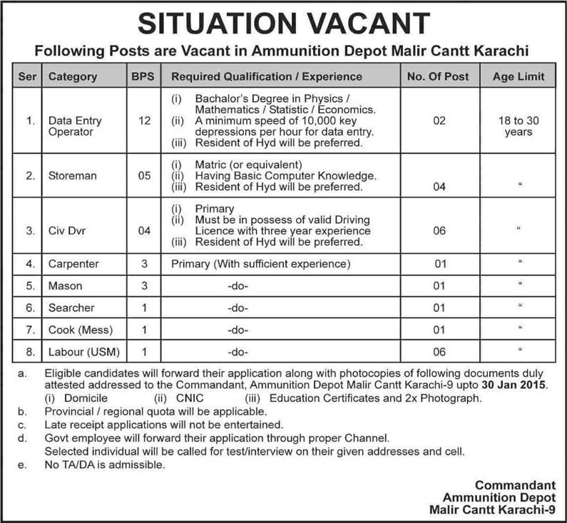 Ammunition Depot Malir Cantt Karachi Jobs 2015 Data Entry Operator, Storeman, Drivers & Others