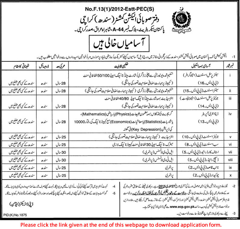 Provincial Election Commission Sindh Jobs 2015 Application Form Download Admin & Support Staff
