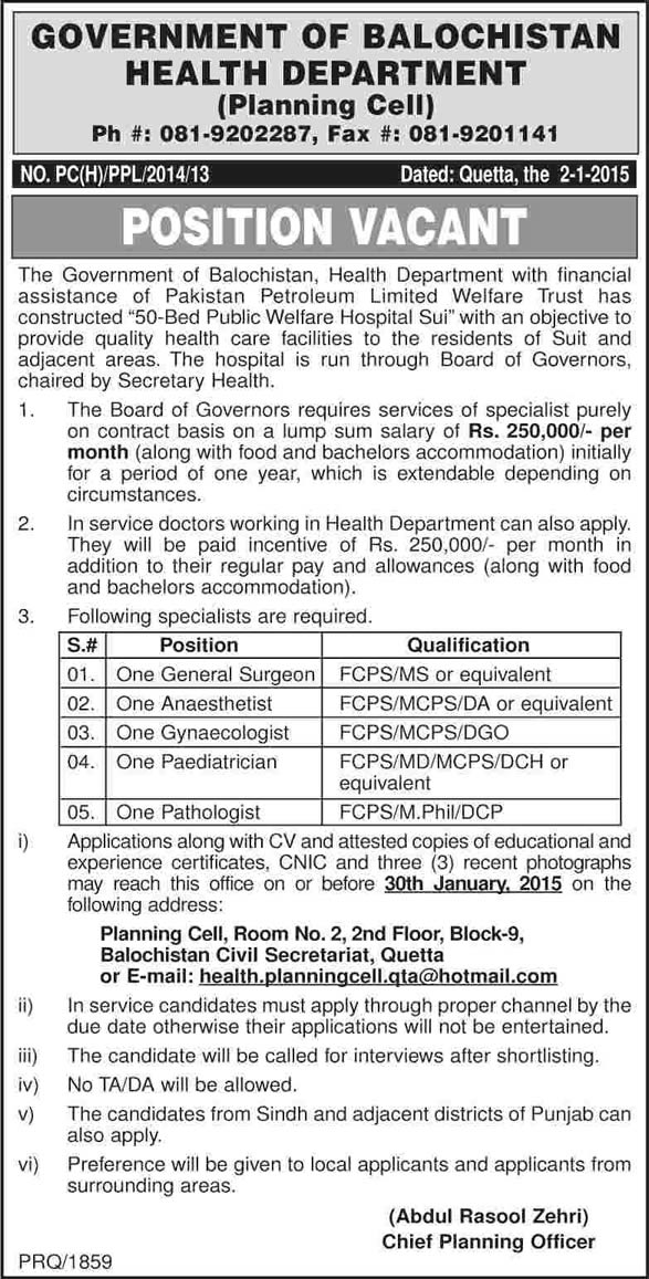 Health Department Balochistan Jobs 2015 Medical Officers / Specialists for Public Welfare Hospital Sui