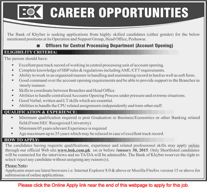 Bank of Khyber Peshawar Jobs 2015 Apply Online for Officers Account Opening