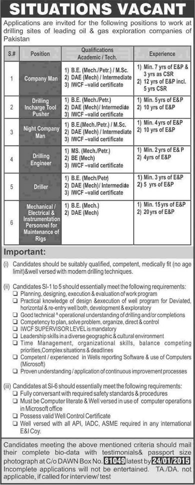 Oil and Gas Jobs in Pakistan 2015 Drillers & Mechanical / Petroleum Engineers
