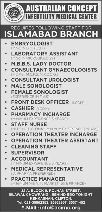 Australian Concept Infertility Medical Center Islamabad Jobs 2015 Medical, Paramedical & Admin Staff
