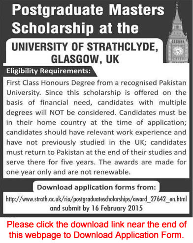 Postgraduate Scholarships for Pakistani Students in UK 2015 University of Strathclyde Glasgow
