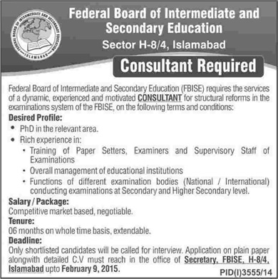 Examination System Consultant Jobs in Pakistan 2015 at Federal Board of Intermediate and Secondary Education Islamabad