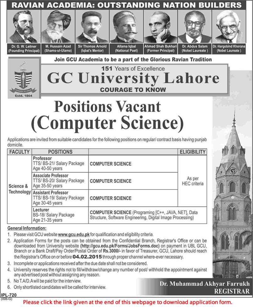 GC University Lahore Jobs 2015 Application Form Download Computer Science Faculty