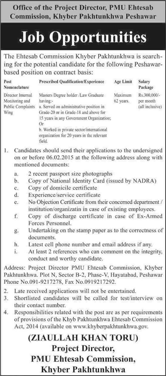 Director Jobs in Ehtesab Commission KPK 2015 for Internal Monitoring & Public Complaints Wing