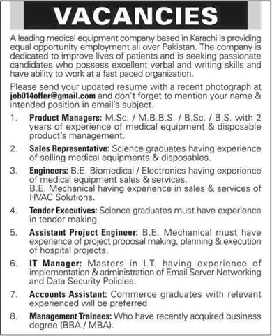 Medical Equipment Company Jobs in Karachi 2015 Engineers, Management Trainees, Sales & Other Staff