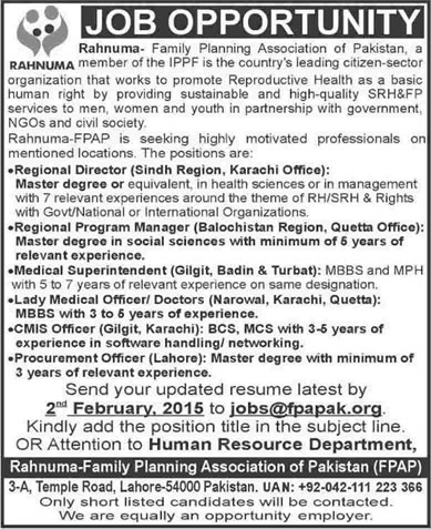 Rahnuma FPAP Jobs 2015 Lady Medical Officer, Procurement / CMIS Officer & Others