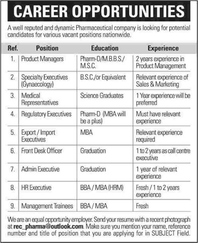 Pharmaceutical Jobs in Pakistan 2015 Admin / HR Executives, Medical Representatives, Admin Staff & Others