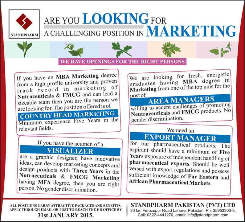 Jobs in Standpharm Pakistan 2015 Head Marketing, Visualizer, Area & Export Managers