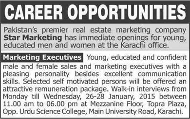 Star Marketing Karachi Jobs 2015 Real Estate Sales & Marketing Executives