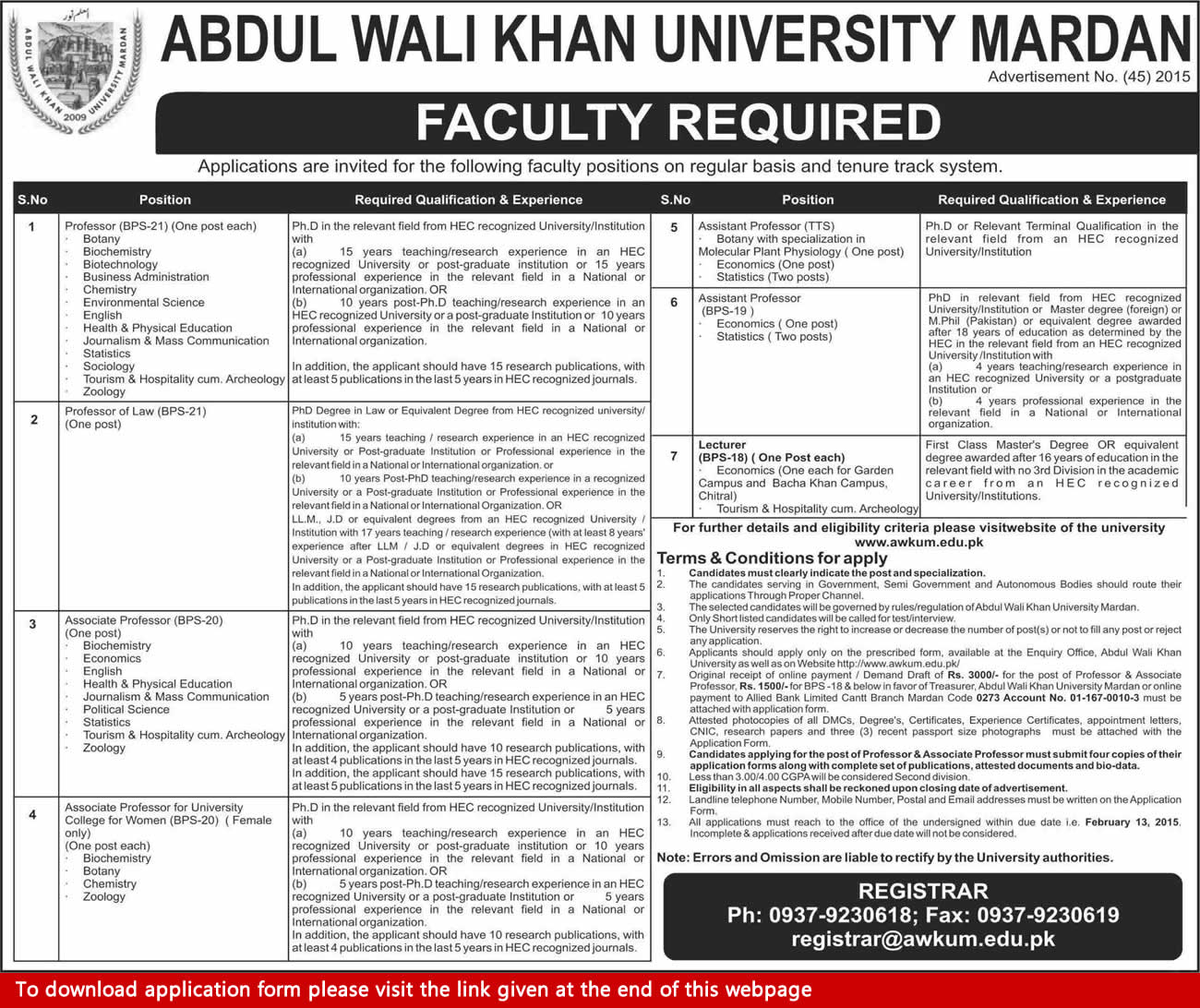 Abdul Wali Khan University Mardan Jobs 2015 Teaching Faculty AWKUM Application Form