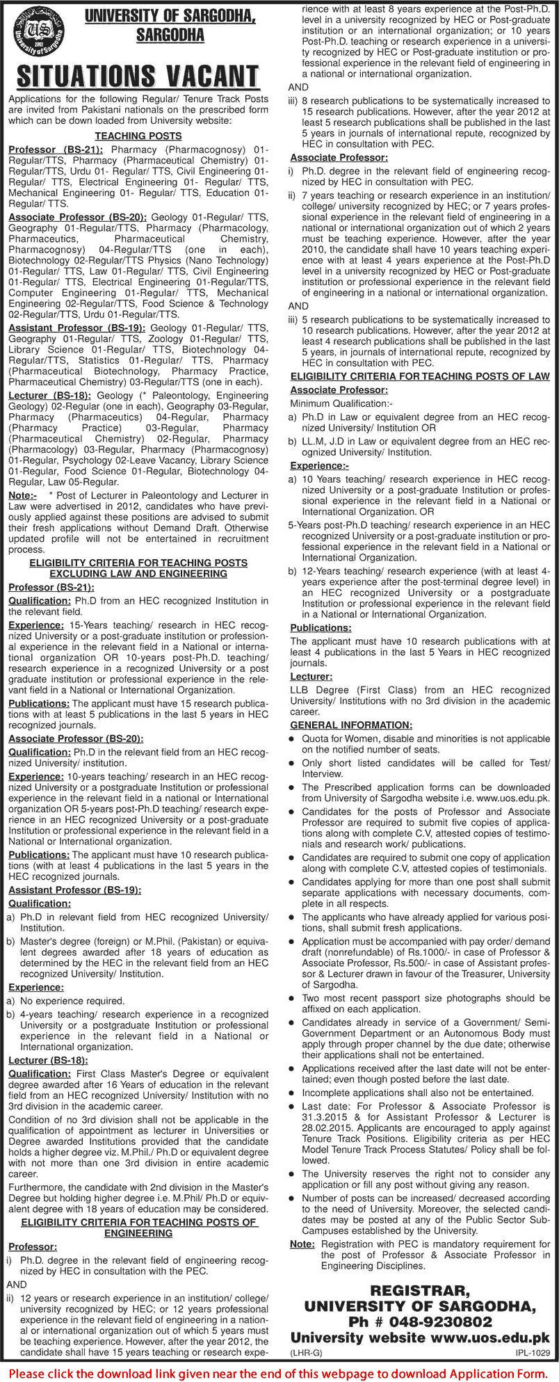 University of Sargodha Jobs 2015 Teaching Faculty Application Form Download Latest
