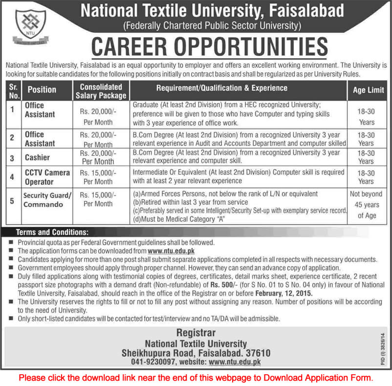 National Textile University Faisalabad Jobs 2015 Application Form Office Assistant, Cashier & Others