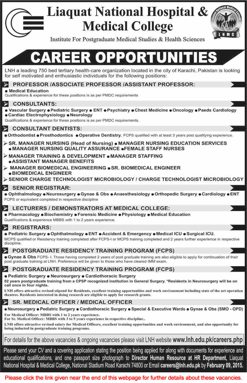 Liaquat National Hospital Karachi Jobs 2015 February Medical Faculty / Officers / Consultants & PGD Trainees