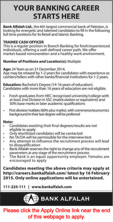 Bank Alfalah Trainee Cash Officer Jobs 2015 February Apply Online