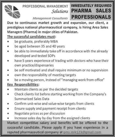 Pharmaceutical Sales Manager Jobs in Pakistan 2015 February through Professional Management Solutions