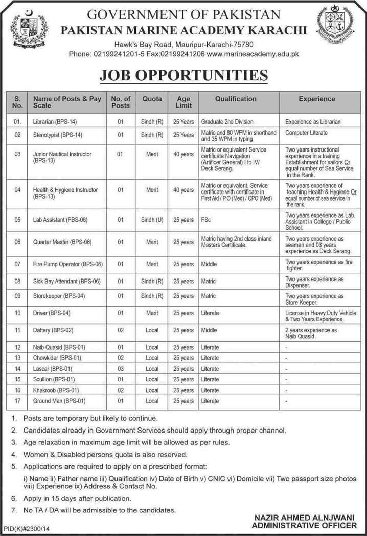 Pakistan Marine Academy Karachi Jobs 2015 February PMA Latest Advertisement