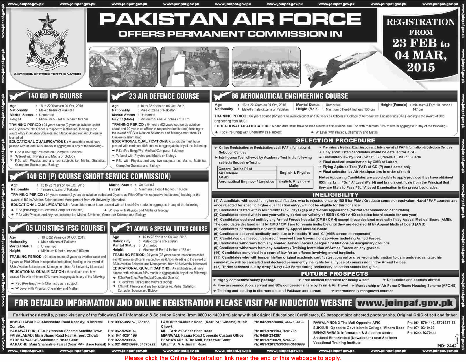 Join Pakistan Air Force 2015 February Online Registration Permanent Commission in PAF