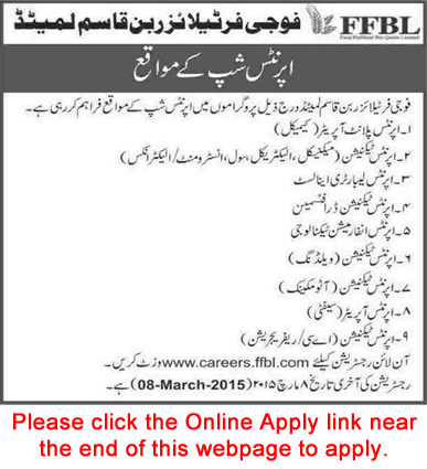 Fauji Fertilizer Bin Qasim Apprenticeship 2015 February FFBL Apply Online Latest / New